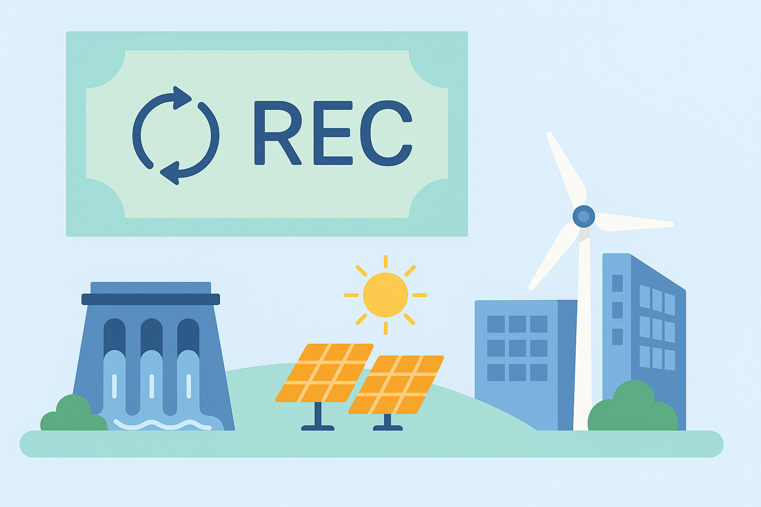 Illustration of a REC certificate, wind turbines, and cityscape representing renewable energy generation and usage, in Entracergy's website style.